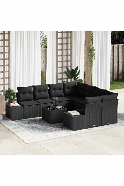vidaxl Set de canapele pentru gradina cu perna 9 pcs Negru poliratan