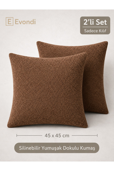 Evondi 2’li 45x45 Kahverengi Kırlent Kılıfı - Silinebilir Yumuşak Dokulu Kumaş