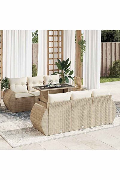 vidaxl Set canapele de gradina, 7 piese, cu perne, bej, poliratan