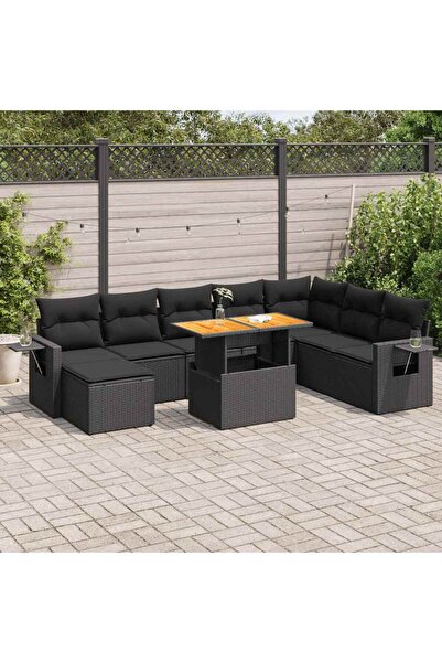 vidaxl Set mobilier de gradina cu perne, 9 piese, negru, poliratan