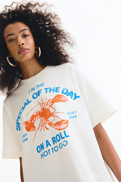 H&M Baskı Motifli Oversize Tişört