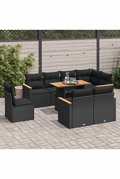 vidaxl Set mobilier gradina perne 9 piese negru poliratan/lemn acacia