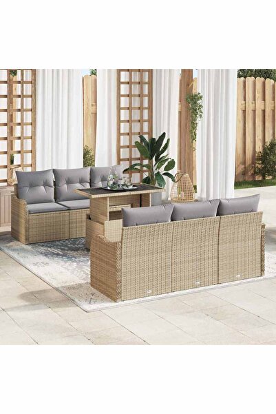 vidaxl Set de canapele pentru gradina cu perna 7 pcs Bej Rattan poli