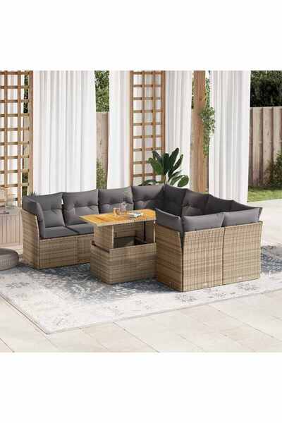 vidaxl Set canapele de gradina, 9 piese, cu perne, bej, poliratan