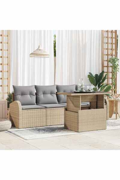 vidaxl Set de canapele pentru gradina cu perna 5 pcs Bej Rattan poli