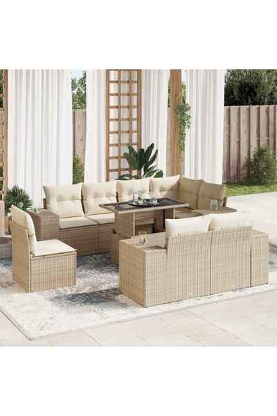 vidaxl Set canapele de gradina, 9 piese, cu perne, bej, poliratan