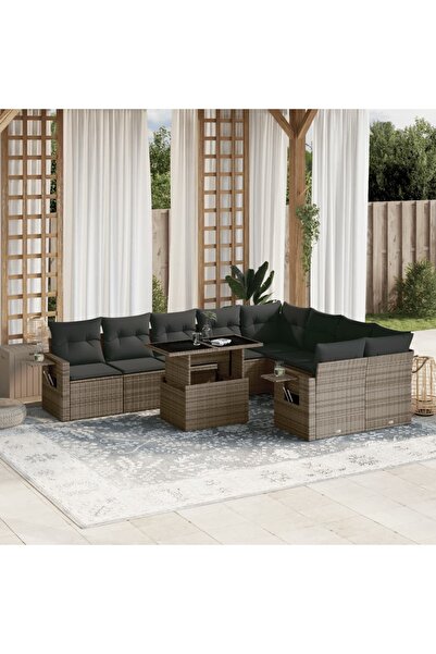 vidaxl Set mobilier de gradina cu perne, 10 piese, gri, poliratan