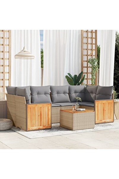vidaxl Set canapele de gradina, 7 piese, cu perne, bej, poliratan
