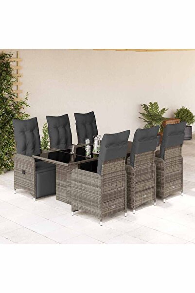 vidaxl Set bistro de gradina cu perne, 7 piese, gri, poliratan