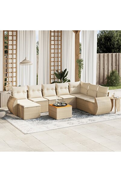 vidaxl Set canapele de gradina, 9 piese, cu perne, bej, poliratan
