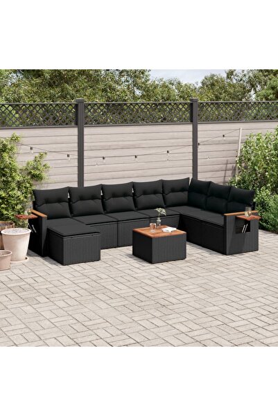 vidaxl Set mobilier de gradina cu perne, 9 piese, negru, poliratan