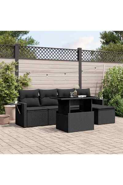 vidaxl Set mobilier de gradina cu perne, 6 piese, negru, poliratan