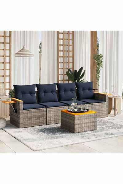 vidaxl Set canapea de gradina cu perne, 5 piese, gri, poliratan