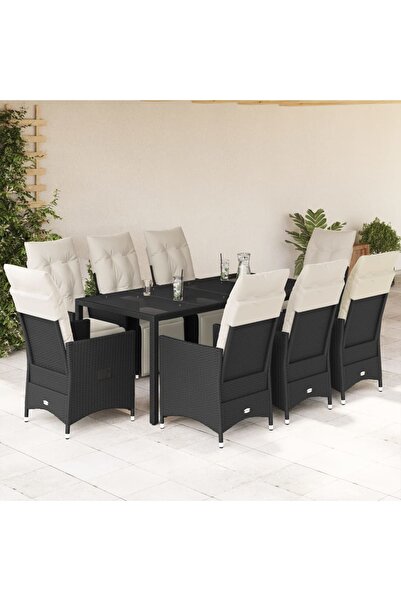vidaxl Set mobilier de gradina cu perne, 9 piese, negru, poliratan