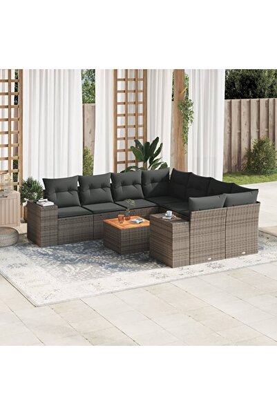 vidaxl Set canapele de gradina, 9 piese, cu perne, gri, poliratan