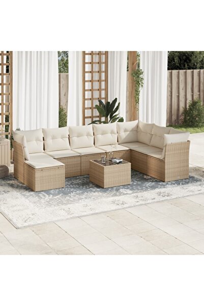 vidaxl Set canapele de gradina, 9 piese, cu perne, bej, poliratan