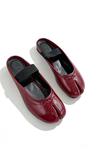 Shoebutik Novera Burgundy Cracked Patent Leather Banded Toe Detail Women's Sl...
