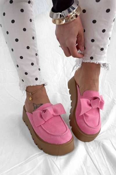 Shoebutik Donatella Powder Suede Bow Detail High Sole Women's Slippers