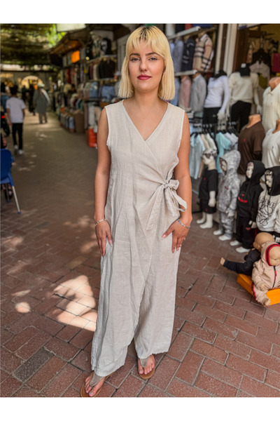 Miss Boheme Toprak Renk Yandan Bağlamalı İtalyan Keten Tulum