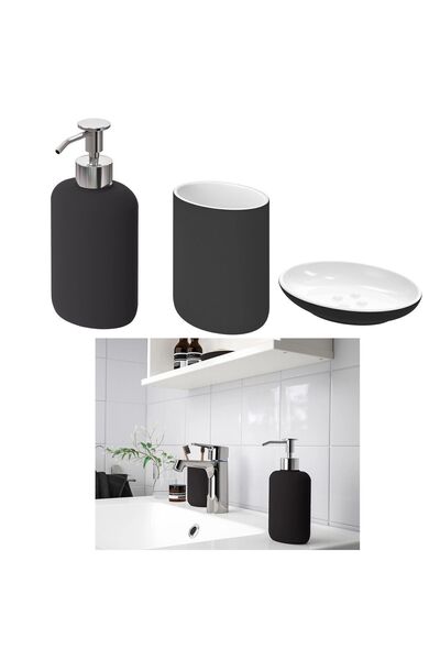 IKEA 3'lü Banyo Seti - Sıvı Sabunluk, Fırçalık, Katı Sabunluk - Stoneware Siyah