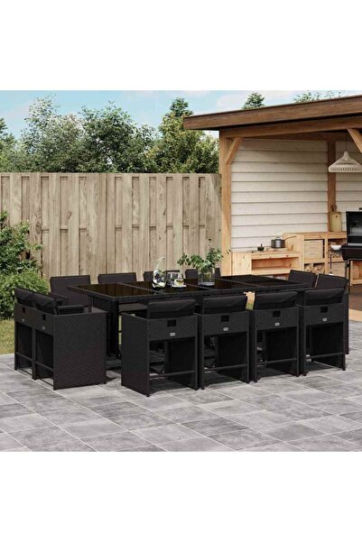 vidaxl Garden furniture set with cushions, 13 pieces, black, polyrattan