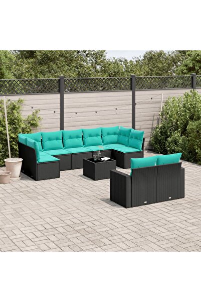 vidaxl Garden sofa set with cushions, 10 pieces, black, polyrattan
