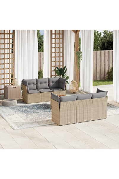 vidaxl Garden sofa set, 7 pieces, with cushions, beige, polyrattan