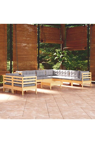 vidaxl Set mobilier gradina cu perne, 10 piese, gri, lemn masiv pin