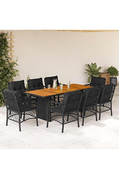 vidaxl Garden furniture set with cushions, 9 pieces, black, polyrattan