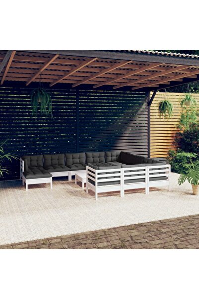 vidaxl Set mobilier gradina cu perne, 12 piese, alb, lemn de pin