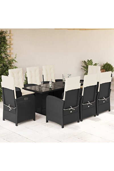 vidaxl Set mobilier de gradina cu perne, 9 piese, negru, poliratan
