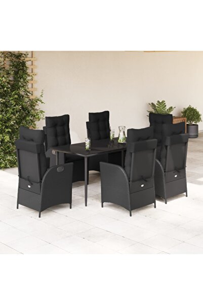 vidaxl Garden furniture set with cushions, 7 pieces, black, polyrattan