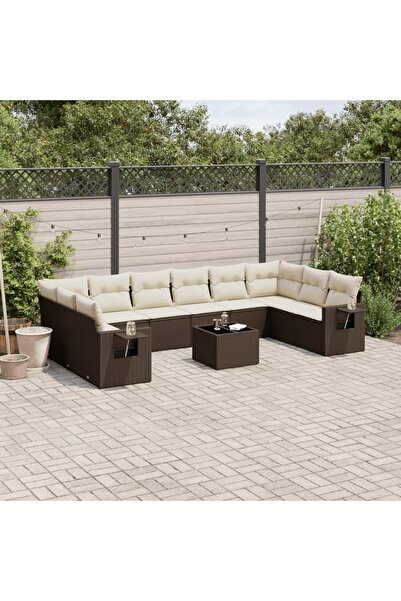vidaxl Garden sofa set with cushions, 11 pieces, brown, polyrattan