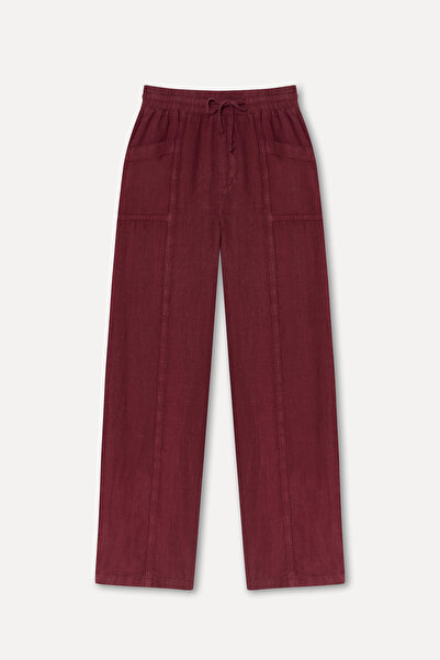 Mudo Women's Burgundy Straight Fit Stitched Linen Trousers