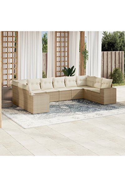 vidaxl Garden sofa set with cushions, 10 pieces, beige, polyrattan