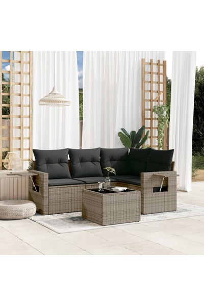 vidaxl Set canapea de gradina cu perne, 5 piese, gri, poliratan