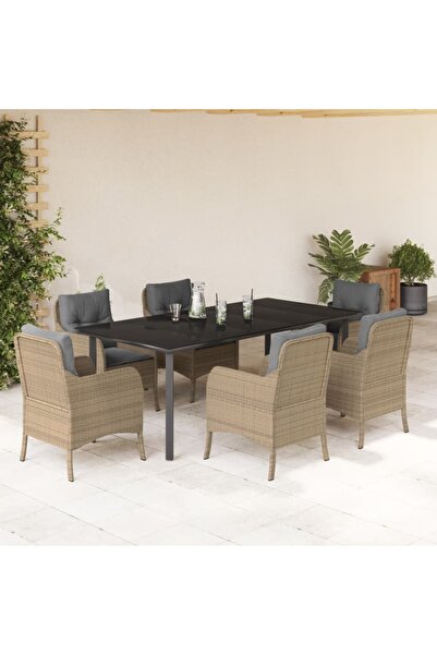 vidaxl 7-piece garden table set with cushions, beige, polyrattan