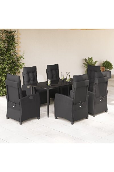 vidaxl Garden furniture set with cushions, 7 pieces, black, polyrattan
