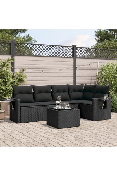 vidaxl Garden furniture set with cushions, 6 pieces, black, polyrattan