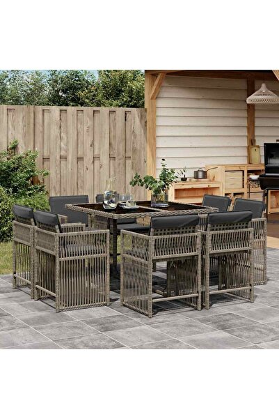 vidaxl Set mobilier gradina cu perne, 9 piese, gri, poliratan