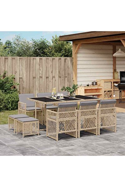 vidaxl Garden furniture set with cushions, 11 pieces, beige, polyrattan