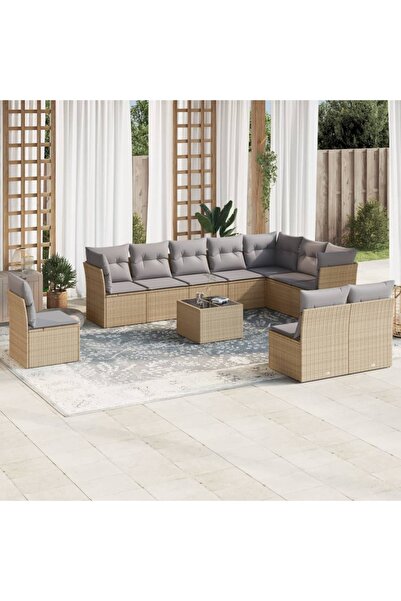 vidaxl Garden sofa set with cushions, 11 pieces, beige, polyrattan