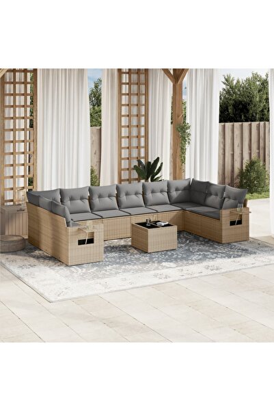 vidaxl Garden sofa set with cushions, 11 pieces, beige, polyrattan