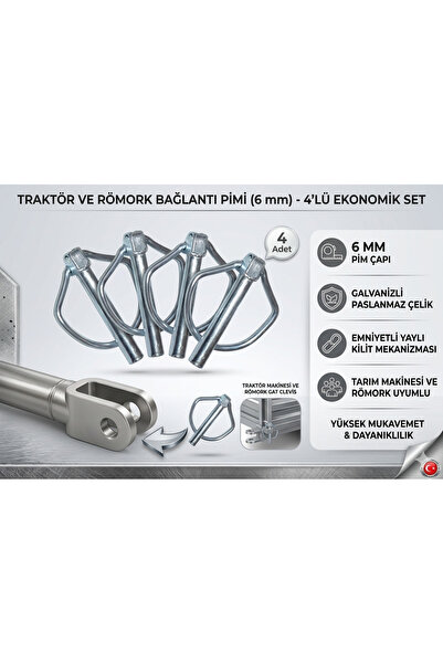 EMİRHANNALBUR 6 mm Traktör Pimi 4'lü Set - Galvanizli Yaylı Pim, Tarım Makine...