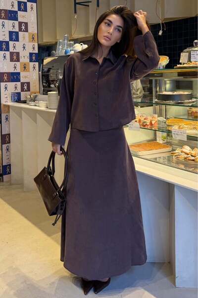 Madmext Brown Tencel Shirt Skirt Set Mg2788