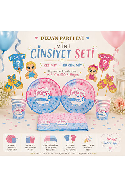 Dizayn Parti Evi Mini Cinsiyet Partisi Seti – Kız mı Erkek mi? 8 Tabak 8 Bard...