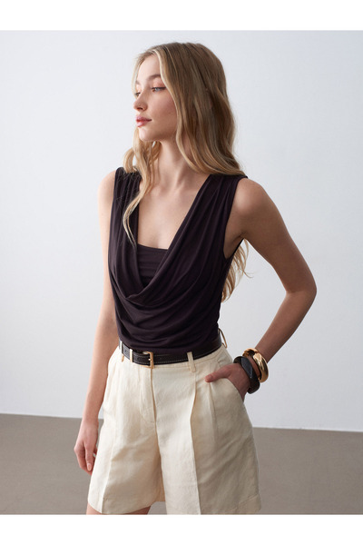 Dilvin 32895 Degaje Yaka Top-Koyu Kahve