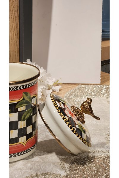 zaTen Pazar Emaye 15cm Large Jar with Checkerboard Pattern