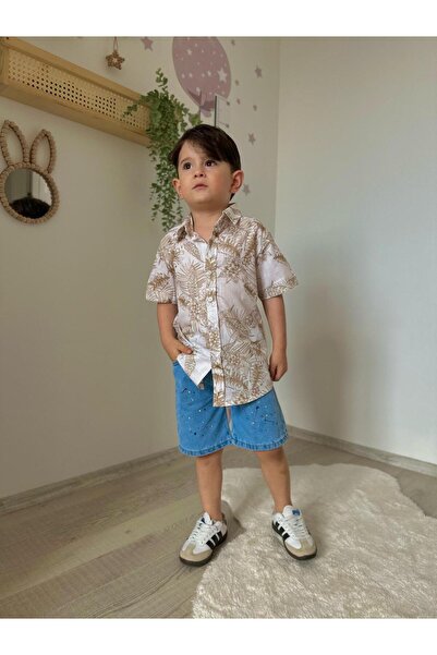 Jannock Boys Summer Linen Look Patterned Shirt and Denim Shorts Combination S...