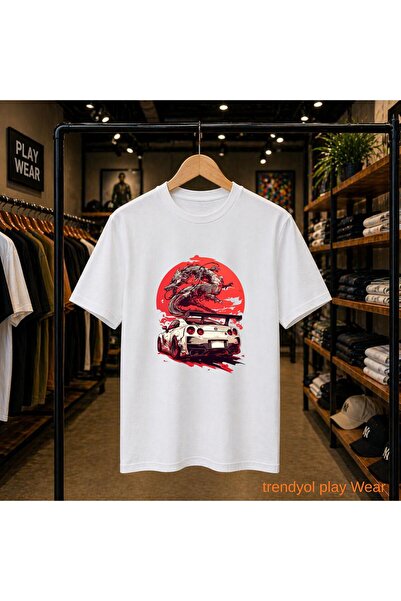 playwear تي شيرت Ejder Car Front Chest مطبوع 100% قطن، مقاس كبير، فضفاض، ذو ق...
